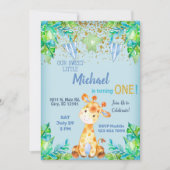 Jongen blauwe giraffe, eerste verjaardag uitnodigi kaart (Voorkant)