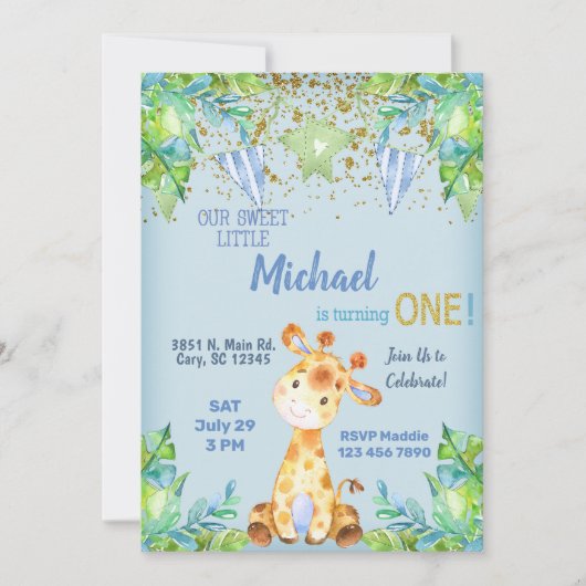 Jongen blauwe giraffe, eerste verjaardag uitnodigi kaart (Voorkant)