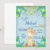 Jongen blauwe giraffe, eerste verjaardag uitnodigi kaart (Voorkant / Achterkant)