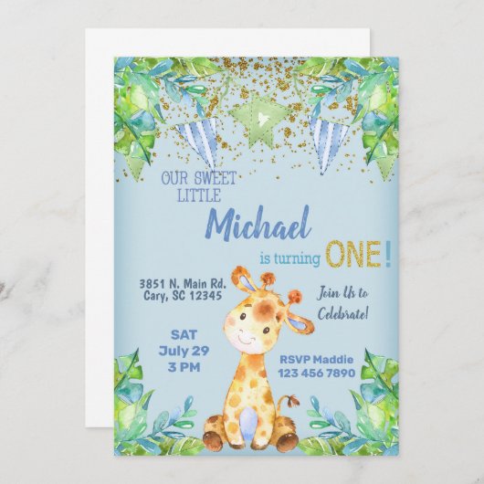 Jongen blauwe giraffe, eerste verjaardag uitnodigi kaart (Voorkant / Achterkant)