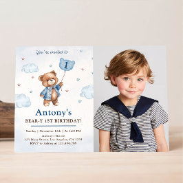 Jongen Blauwe Teddydbeer Ballonnen Eerste Verjaard Kaart