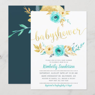 Jongen Blauwgroen Blue Gold Floral Baby shower Inv Kaart