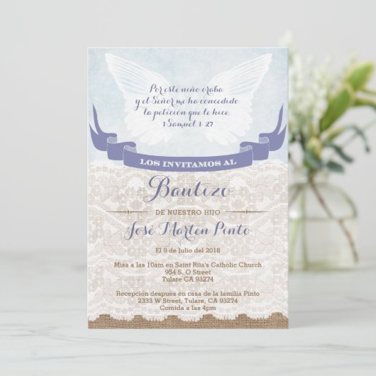 Jongen Blue Angel Baptism Uitnodigingen in het Spa (Staand voorkant)