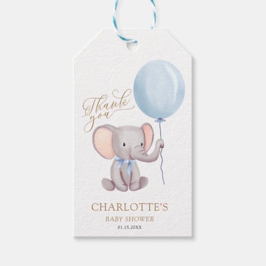 Jongen Blue Balloon Elephant Baby shower Dank je w Cadeaulabel (Voorkant)