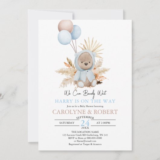 Jongen Blue Boho Teddy Bear Bearly Wait Baby showe Kaart (Voorkant)