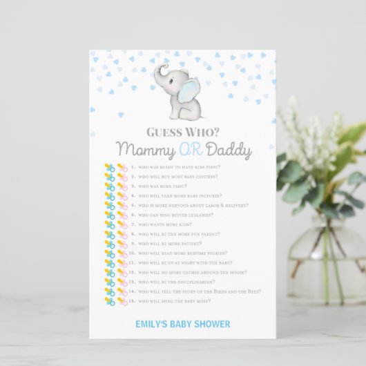 Jongen Blue Elephant Baby shower Game PRINED (Staand voorkant)