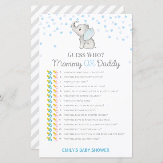 Jongen Blue Elephant Baby shower Game PRINED (Voorkant / Achterkant)