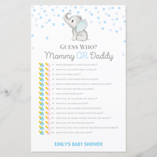 Jongen Blue Elephant Baby shower Game PRINED (Voorkant)