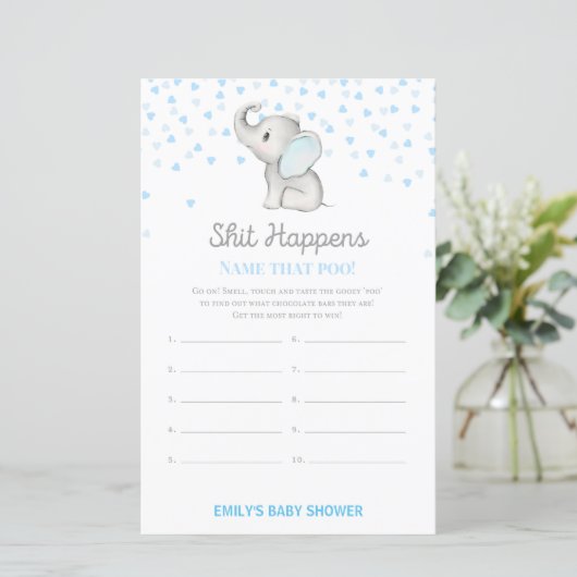 Jongen Blue Elephant Baby shower Game PRINED (Staand voorkant)