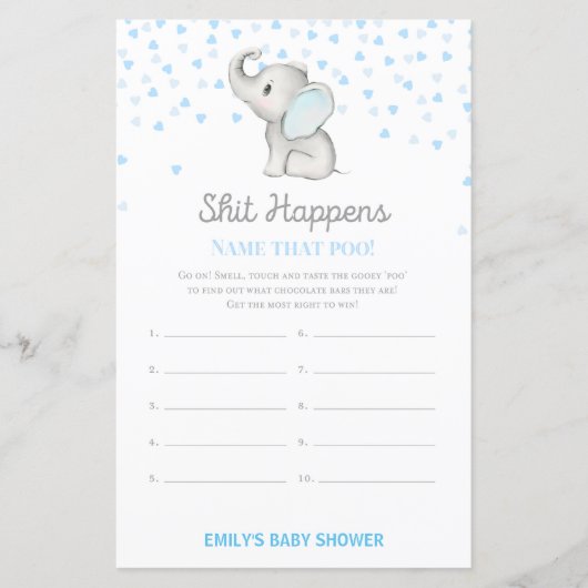 Jongen Blue Elephant Baby shower Game PRINED (Voorkant)