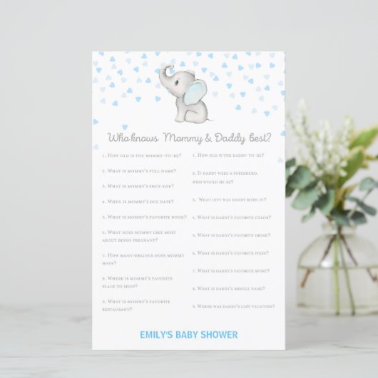 Jongen Blue Elephant Baby shower Game PRINED (Staand voorkant)