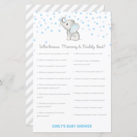 Jongen Blue Elephant Baby shower Game PRINED (Voorkant / Achterkant)