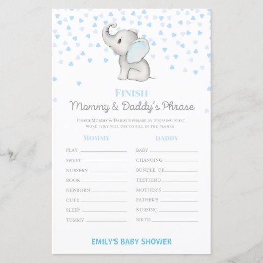 Jongen Blue Elephant Baby shower Game PRINED (Voorkant)