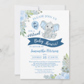 Jongen! Blue Elephant & Floral Virtual Baby shower Kaart (Voorkant)