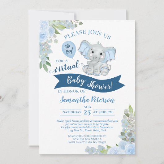 Jongen! Blue Elephant & Floral Virtual Baby shower Kaart (Voorkant)