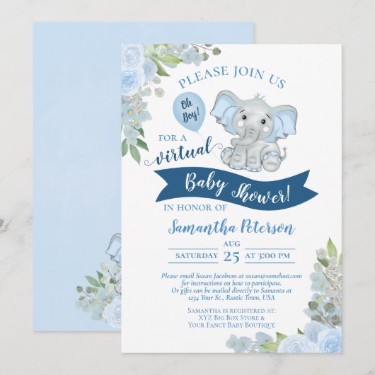 Jongen! Blue Elephant & Floral Virtual Baby shower Kaart (Voorkant / Achterkant)