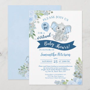 Jongen! Blue Elephant & Floral Virtual Baby shower Kaart