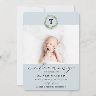 Jongen Blue Eucalyptus Greenery Monogram Baby Birt Aankondiging