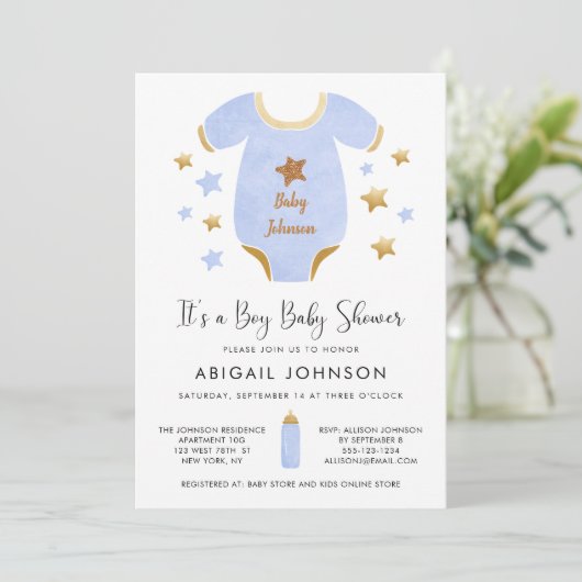 Jongen Blue Gold Waterverf Retro Baby shower Kaart (Staand voorkant)