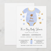 Jongen Blue Gold Waterverf Retro Baby shower Kaart (Voorkant / Achterkant)