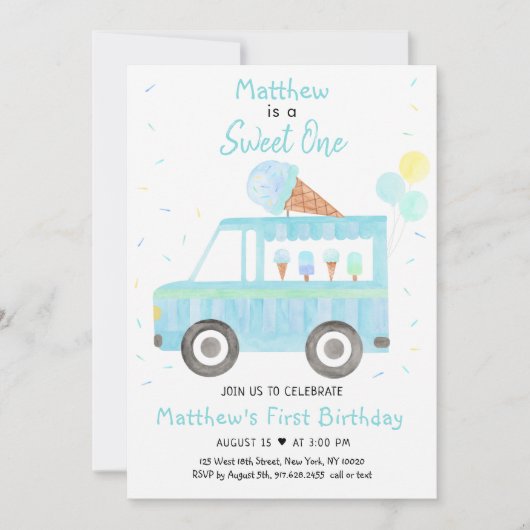 Jongen Blue Ice Cream Truck Sweet One Birthday Kaart (Voorkant)