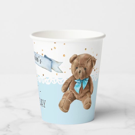 Jongen Blue Teddy Bear Birthday Party Paper Cups Papieren Bekers (Achterkant)