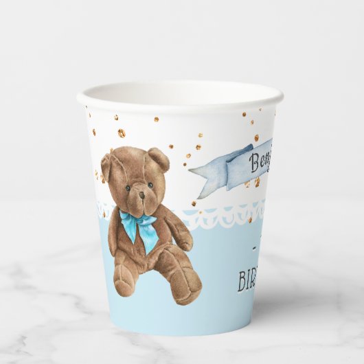 Jongen Blue Teddy Bear Birthday Party Paper Cups Papieren Bekers (Voorkant)