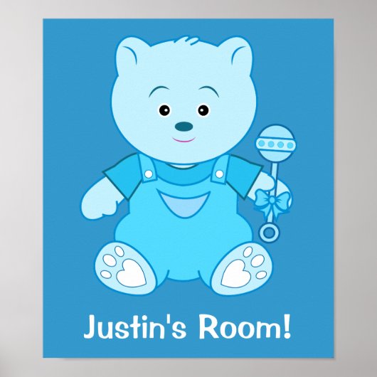 Jongen Blue Teddy Bear met Rattle: Naam Poster (Voorkant)