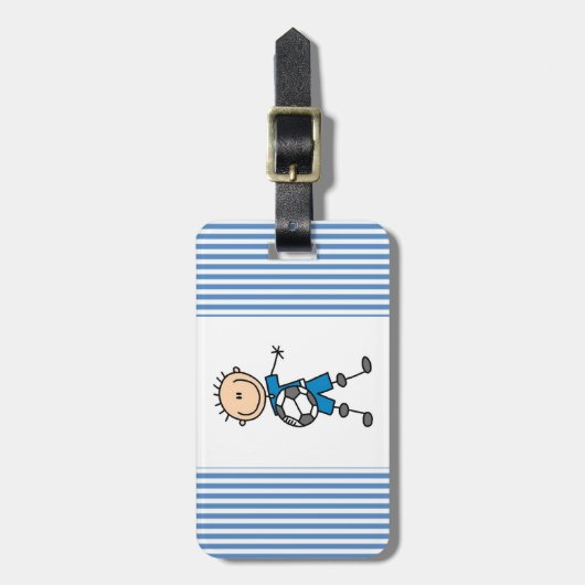 Jongen Blue Uniform Stick Figuur Soccer Player Gif Bagagelabel (Voorkant verticaal)