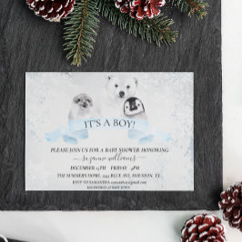Jongen Blue Winter Baby shower Animals Kaart