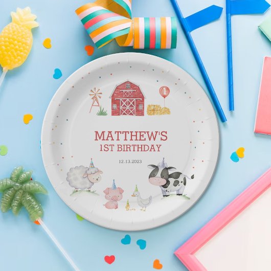 Jongen Boerderij Dieren Rode Verjaardag Papieren Bordje