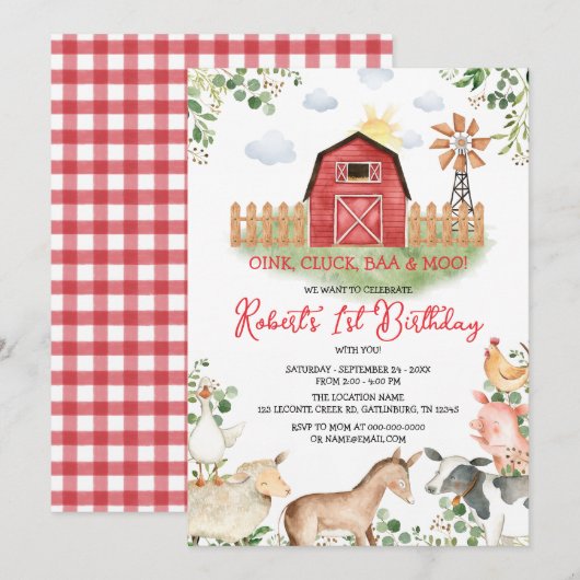 Jongen boerderijdieren Barnyard Red Gingham Birthd Kaart (Voorkant / Achterkant)