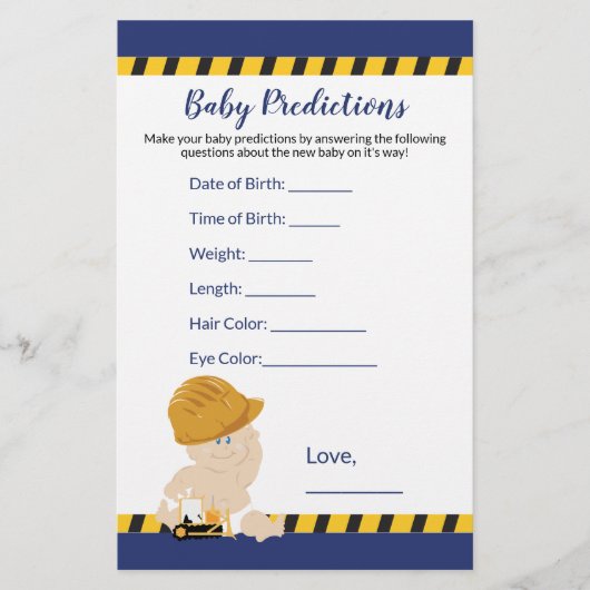 Jongen bouwproject Baby shower Predictions Game (Voorkant)
