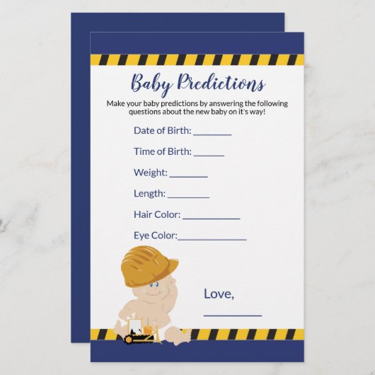 Jongen bouwproject Baby shower Predictions Game (Voorkant / Achterkant)
