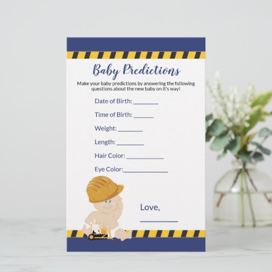 Jongen bouwproject Baby shower Predictions Game (Staand voorkant)