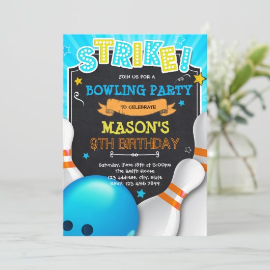 Jongen bowling avond uitnodiging (Staand voorkant)