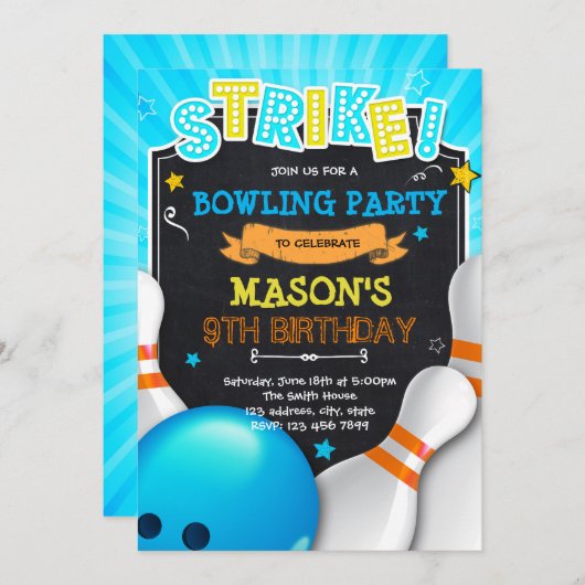 Jongen bowling avond uitnodiging (Voorkant / Achterkant)