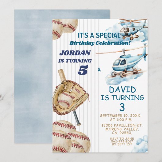 Jongen broer en zus honkbal en vliegtuig gezamenli kaart (Voorkant / Achterkant)