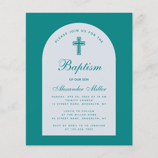 Jongen Budget Turquoise Script Boog Doop Uitnodigi (Voorkant)