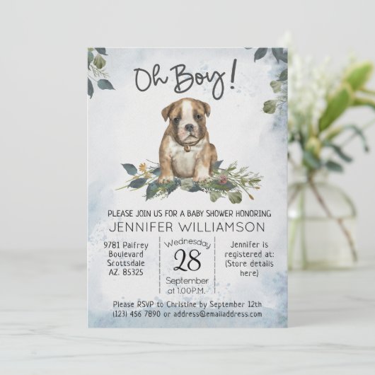 Jongen! Bulldog Puppy Modern Waterverf Baby Kaart (Staand voorkant)
