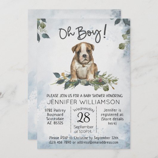 Jongen! Bulldog Puppy Modern Waterverf Baby Kaart (Voorkant / Achterkant)