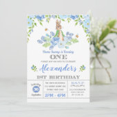 Jongen Bunny 1st Birthday Party Garden Blue Floral Kaart (Staand voorkant)