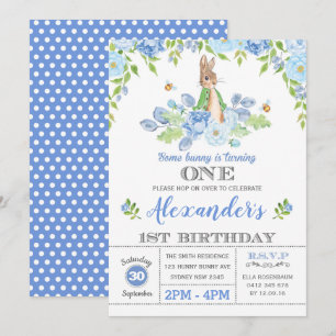 Jongen Bunny 1st Birthday Party Garden Blue Floral Kaart