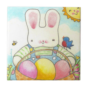 Jongen bunny met mand tegeltje