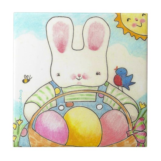 Jongen bunny met mand tegeltje (Voorkant)