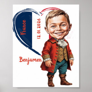 Jongen Caricatuur in Franse Vintage Kleding Poster