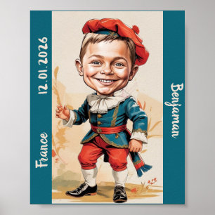 Jongen Caricatuur in Franse Vintage Kleding Poster