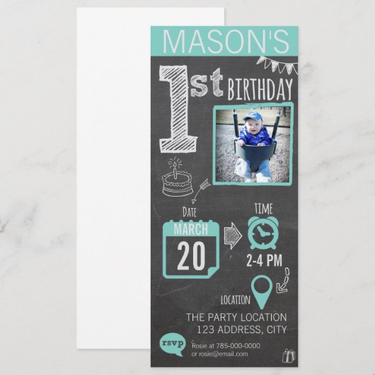 Jongen Chalkboard 1st Birthday Uitnodiging (Voorkant / Achterkant)