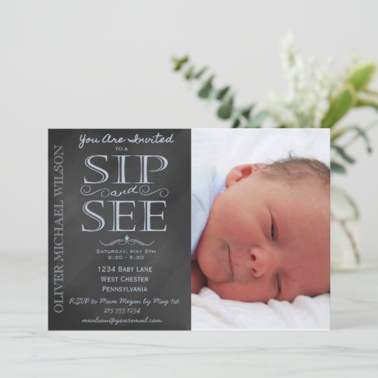 Jongen Chalkboard Foto Sip en zie Uitnodiging (Staand voorkant)