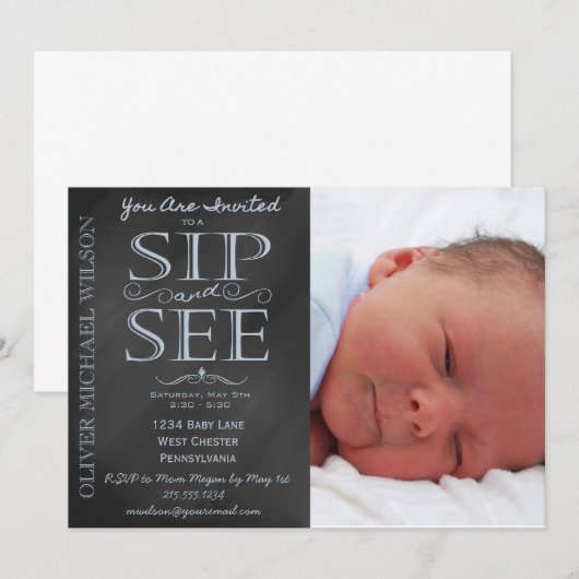 Jongen Chalkboard Foto Sip en zie Uitnodiging (Voorkant / Achterkant)